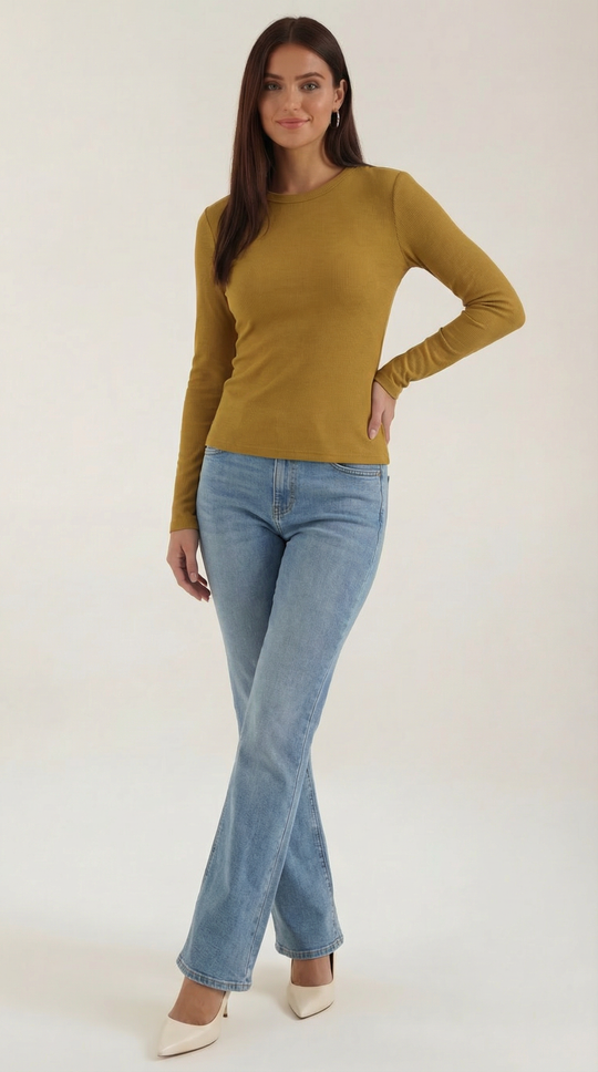 Women's Ribbed Long Sleeve Top – Crew Neck, Fitted Everyday Essential