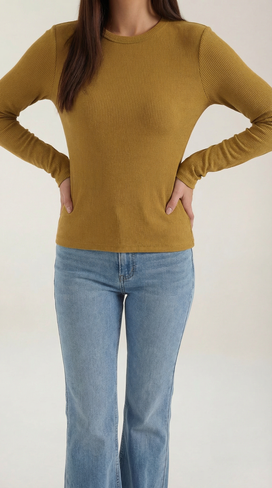 Women's Ribbed Long Sleeve Top – Crew Neck, Fitted Everyday Essential