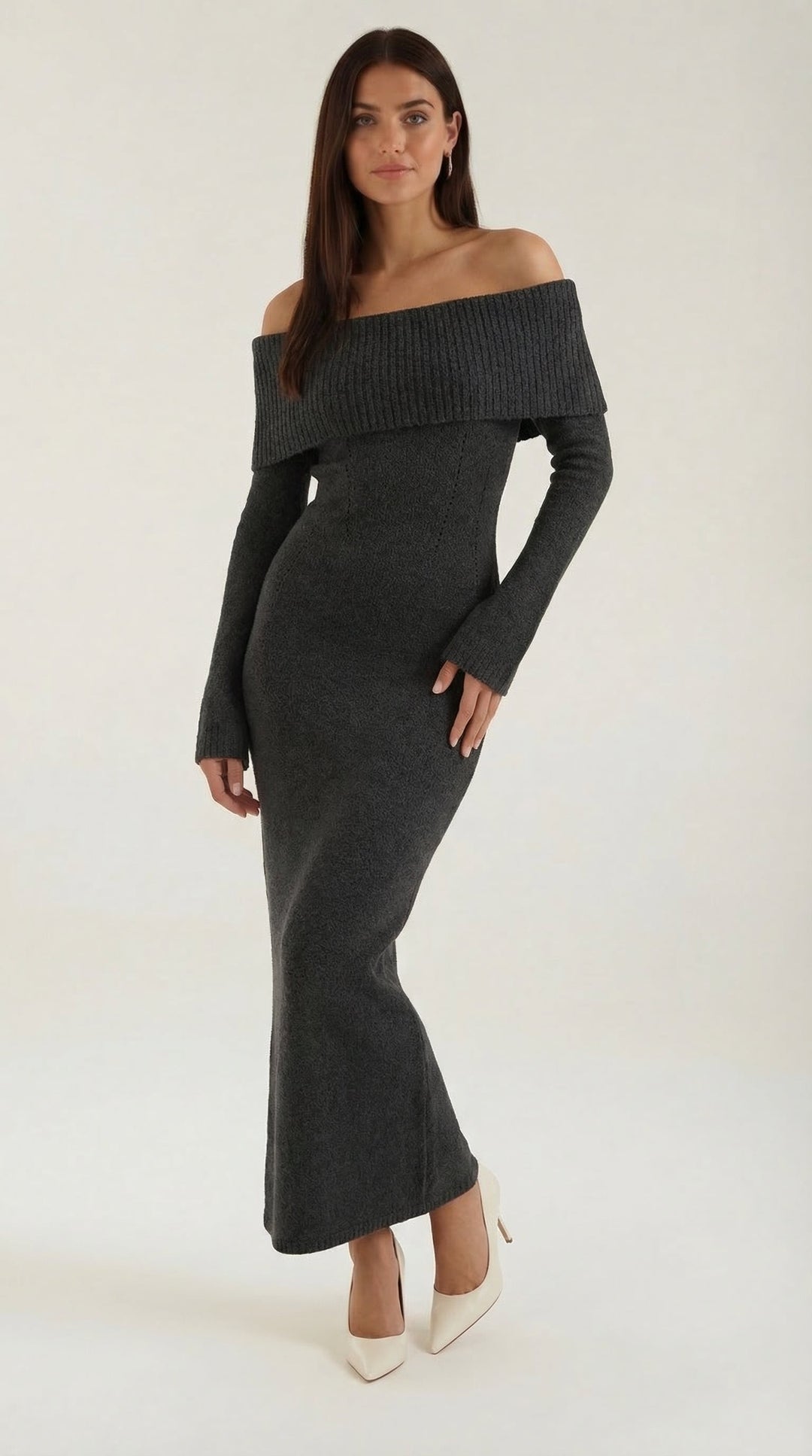Women's Ribbed Bodycon Maxi Dress – Off-Shoulder, Bell Sleeves, Floor Length