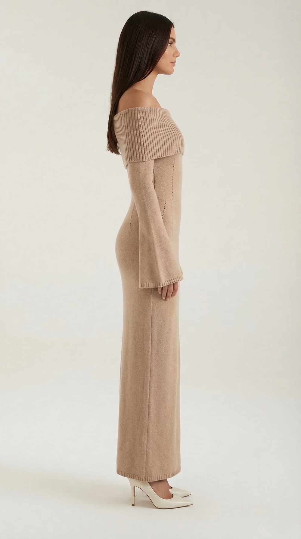 Women's Ribbed Off-Shoulder Maxi Dress with Bell Sleeves