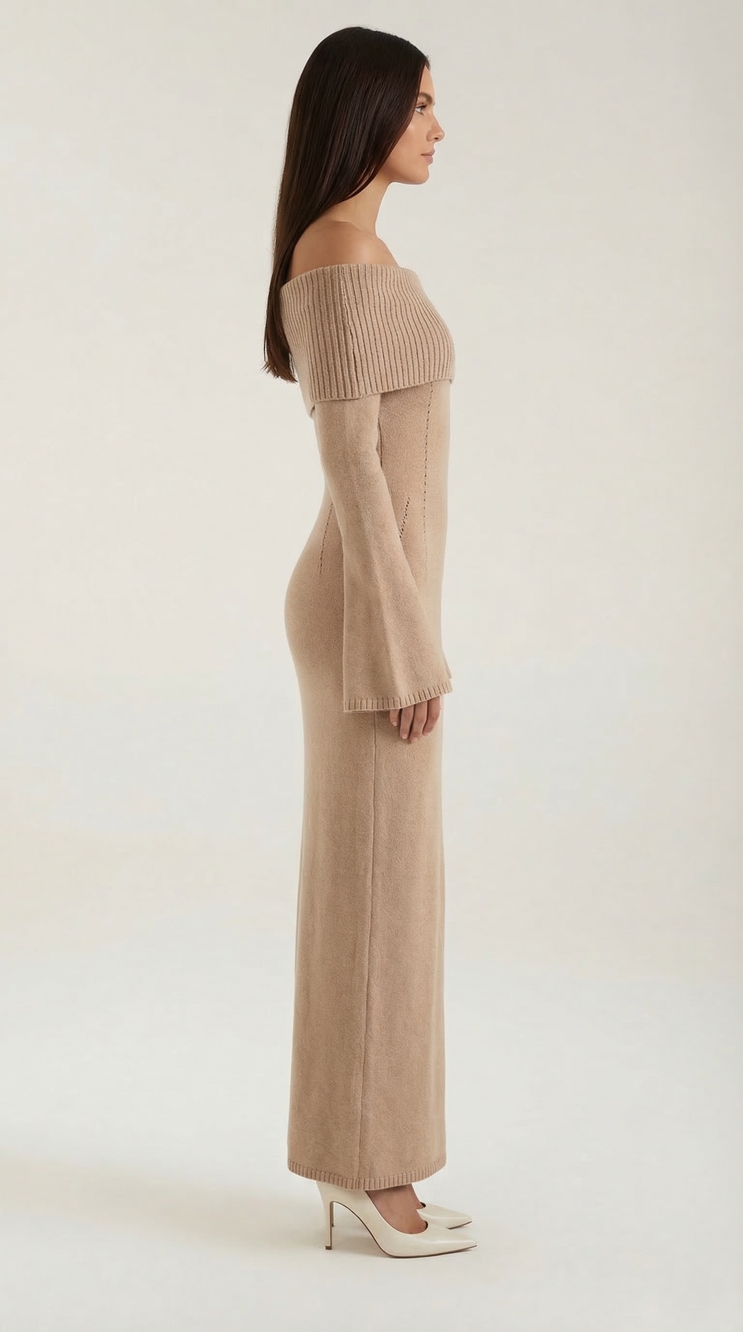 Women's Ribbed Off-Shoulder Maxi Dress with Bell Sleeves