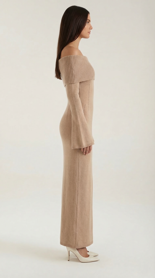 Women's Ribbed Off-Shoulder Maxi Dress with Bell Sleeves