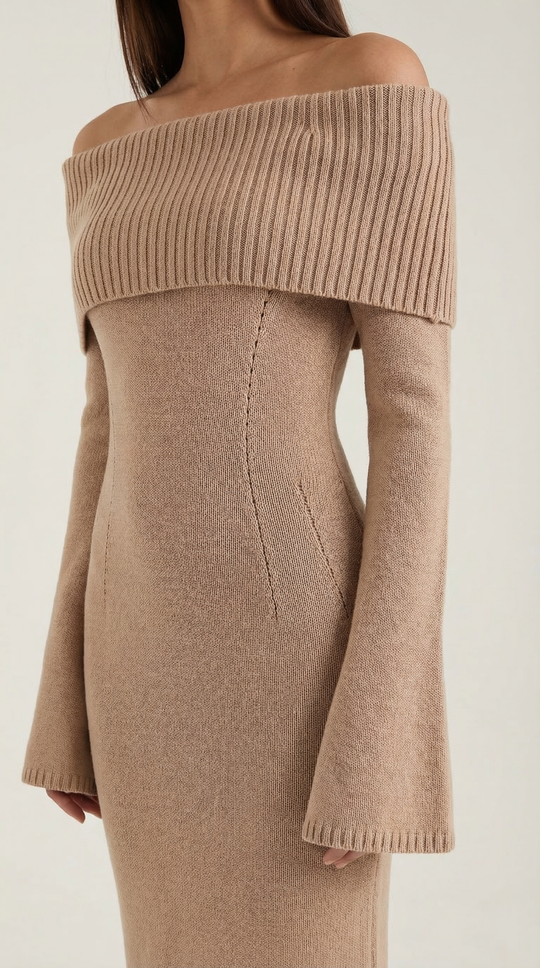 Women's Ribbed Off-Shoulder Maxi Dress with Bell Sleeves