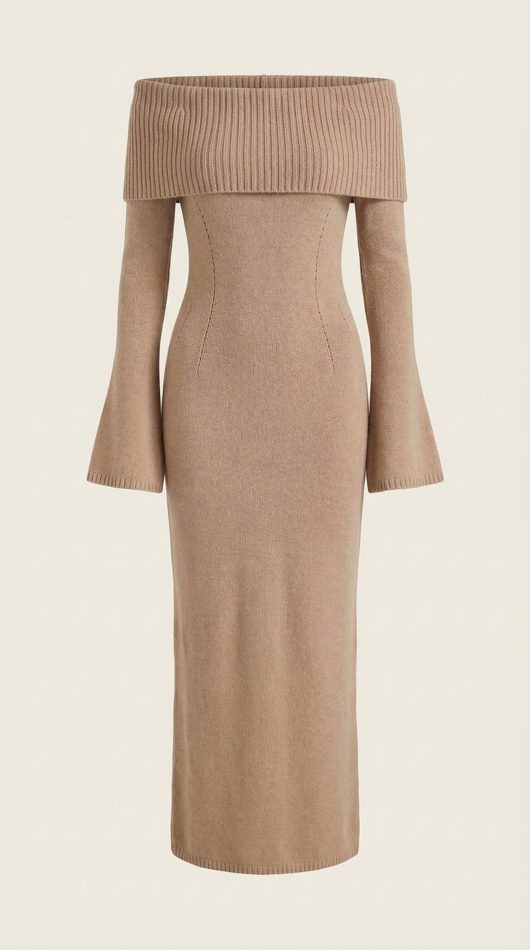 Women's Ribbed Bodycon Maxi Dress – Off-Shoulder, Bell Sleeves, Floor Length