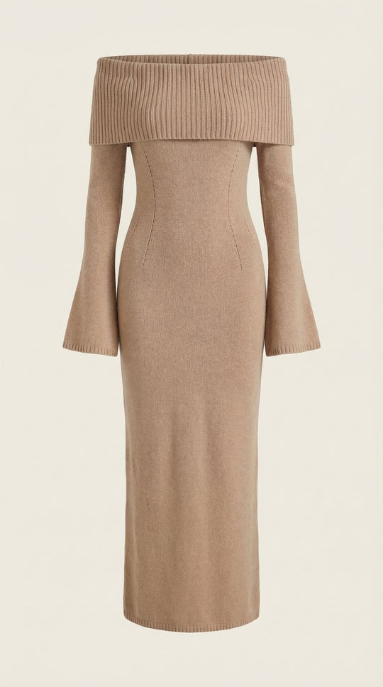 Women's Ribbed Off-Shoulder Maxi Dress with Bell Sleeves