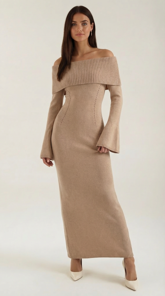 Women's Ribbed Bodycon Maxi Dress – Off-Shoulder, Bell Sleeves, Floor Length