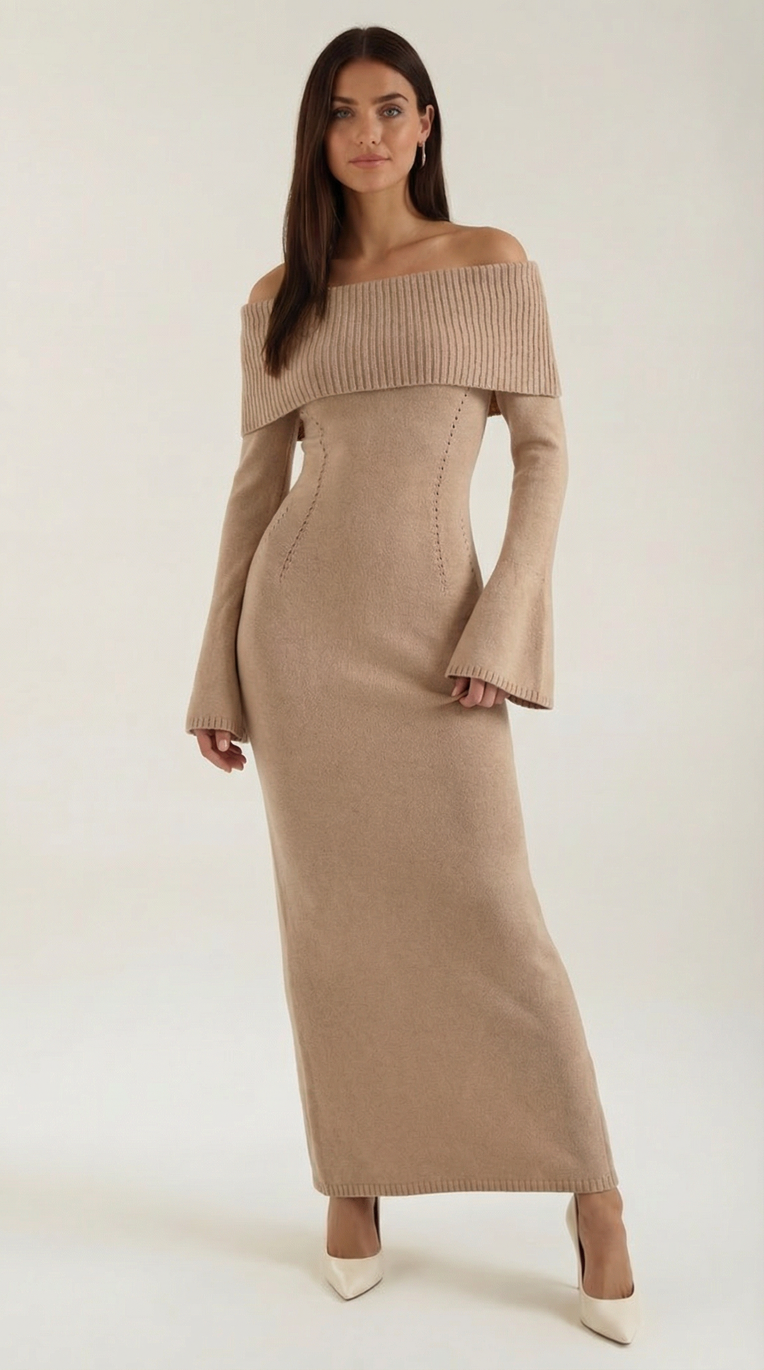 Women's Ribbed Off-Shoulder Maxi Dress with Bell Sleeves