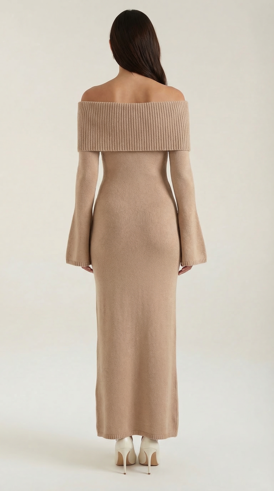 Women's Ribbed Bodycon Maxi Dress – Off-Shoulder, Bell Sleeves, Floor Length