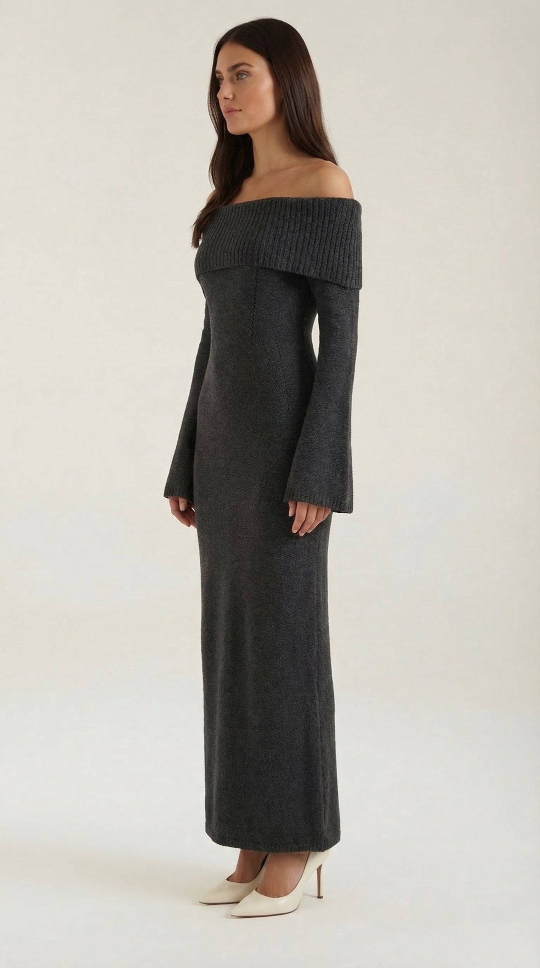 Women's Ribbed Bodycon Maxi Dress – Off-Shoulder, Bell Sleeves, Floor Length