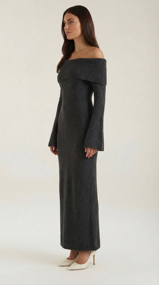 Women's Ribbed Bodycon Maxi Dress – Off-Shoulder, Bell Sleeves, Floor Length