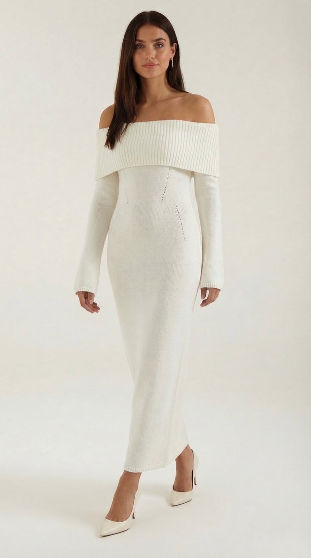 Women's Ribbed Bodycon Maxi Dress – Off-Shoulder, Bell Sleeves, Floor Length