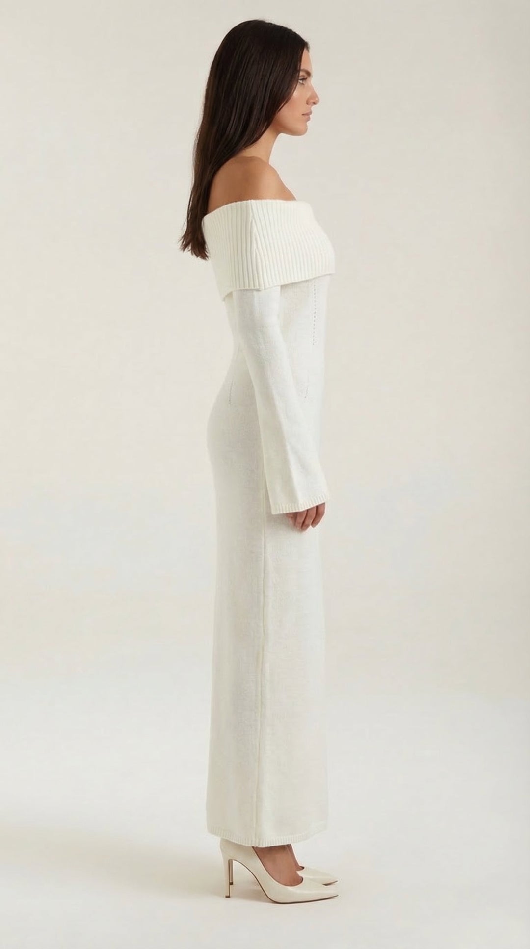 Women's Ribbed Bodycon Maxi Dress – Off-Shoulder, Bell Sleeves, Floor Length