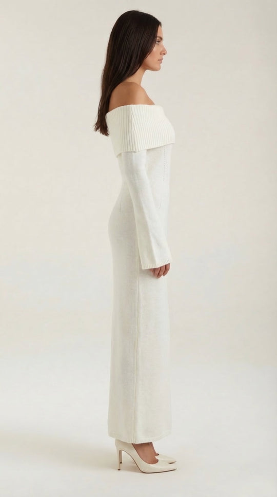 Women's Ribbed Off-Shoulder Maxi Dress with Bell Sleeves
