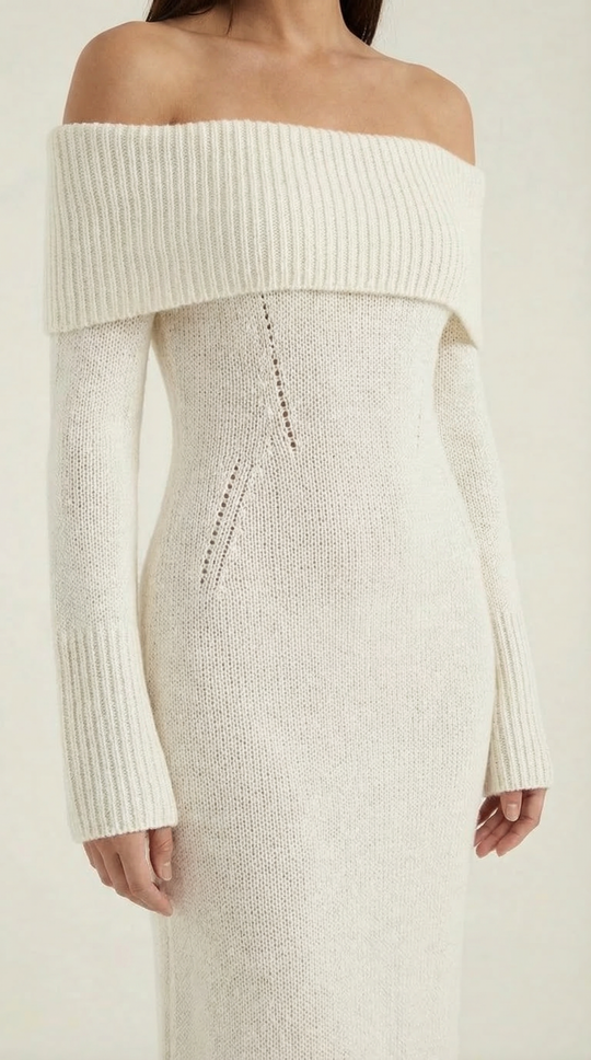 Women's Ribbed Off-Shoulder Maxi Dress with Bell Sleeves