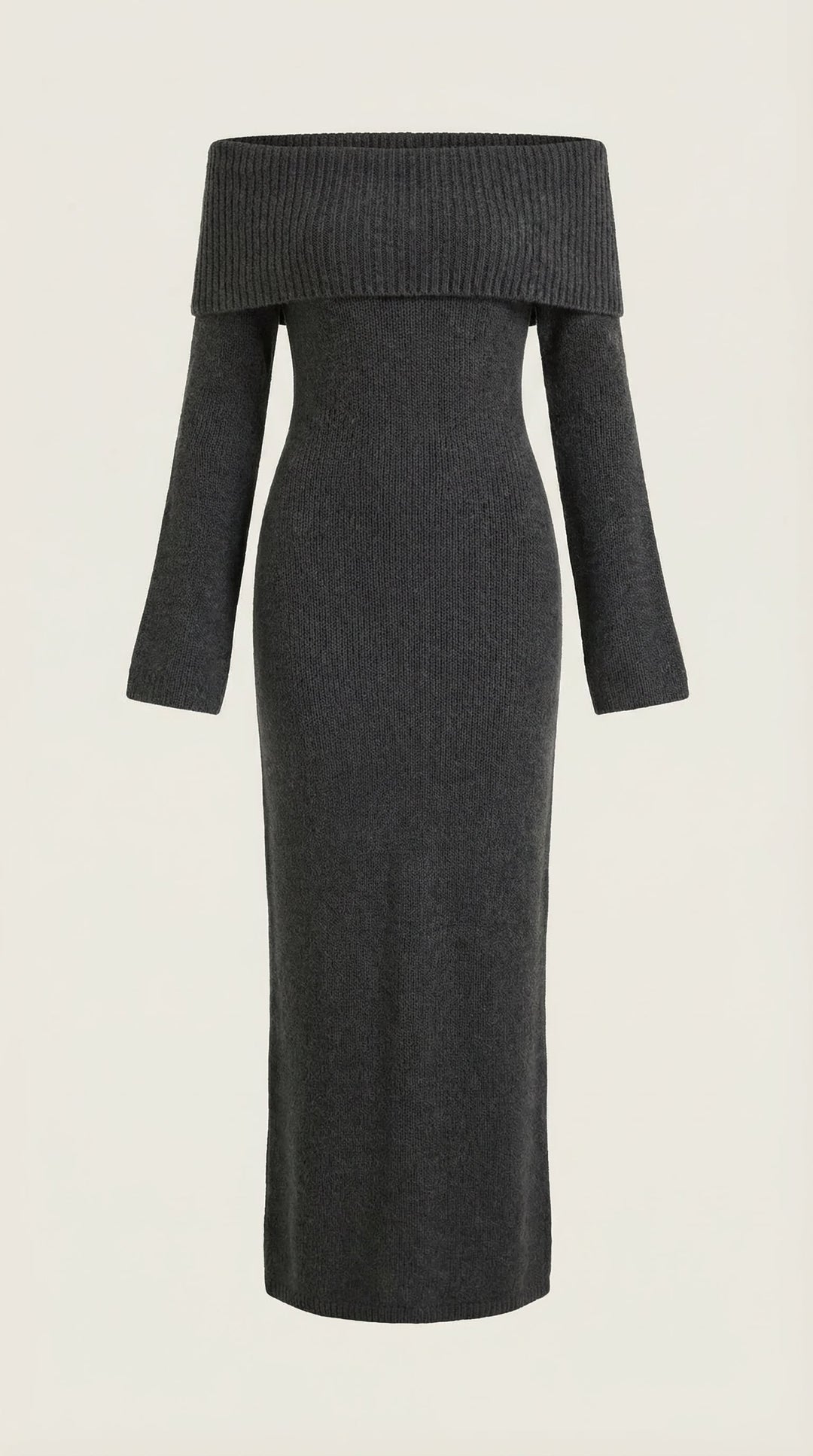 Women's Ribbed Bodycon Maxi Dress – Off-Shoulder, Bell Sleeves, Floor Length