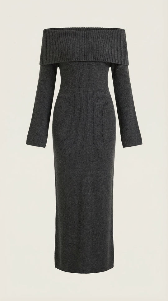 Women's Ribbed Bodycon Maxi Dress – Off-Shoulder, Bell Sleeves, Floor Length