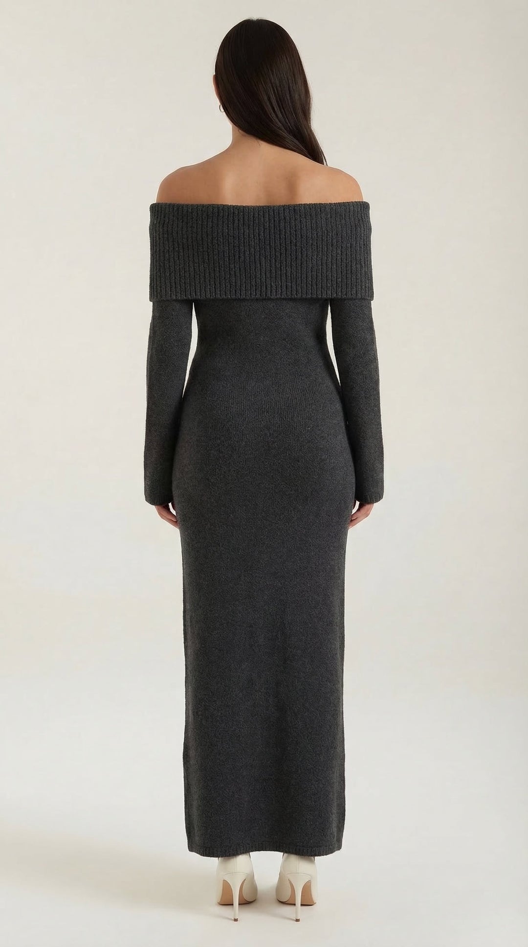 Women's Ribbed Bodycon Maxi Dress – Off-Shoulder, Bell Sleeves, Floor Length