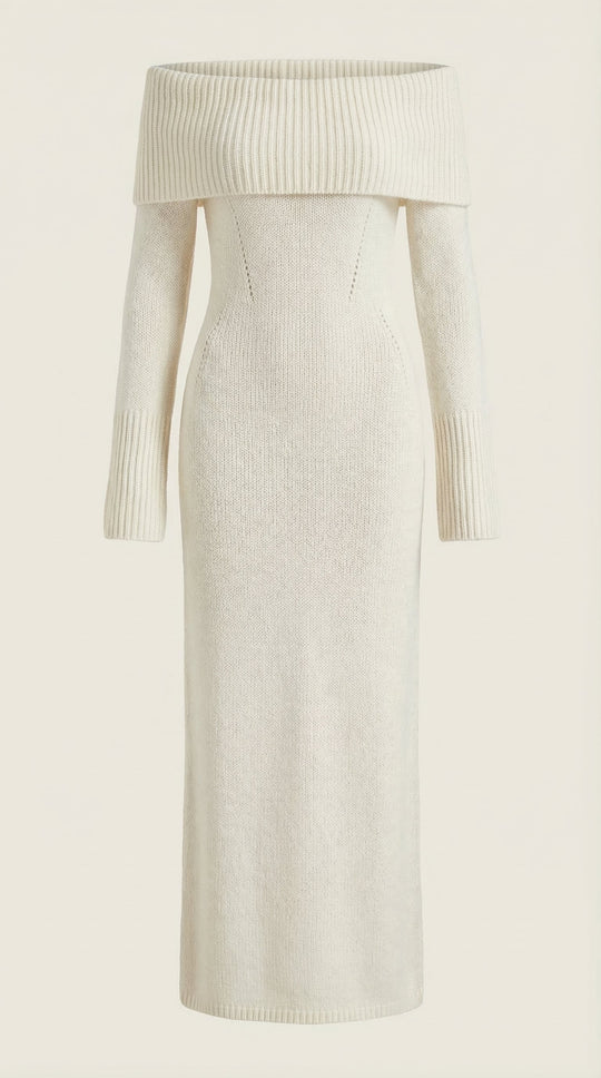 Women's Ribbed Bodycon Maxi Dress – Off-Shoulder, Bell Sleeves, Floor Length