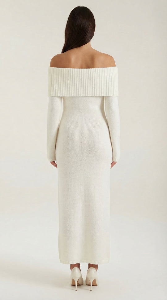 Women's Ribbed Off-Shoulder Maxi Dress with Bell Sleeves