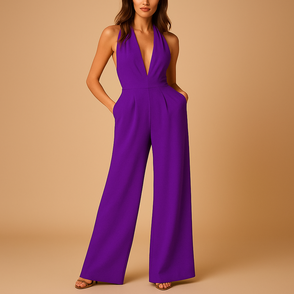 Women’s Sleeveless Wide-Leg Jumpsuit – Deep V-Neck for Evening Wear