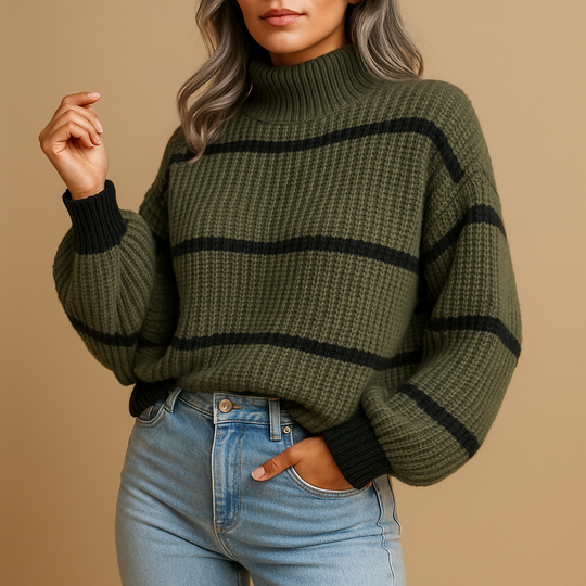 Women’s Striped High Neck Knit Sweater – Relaxed Fit for Cooler Days