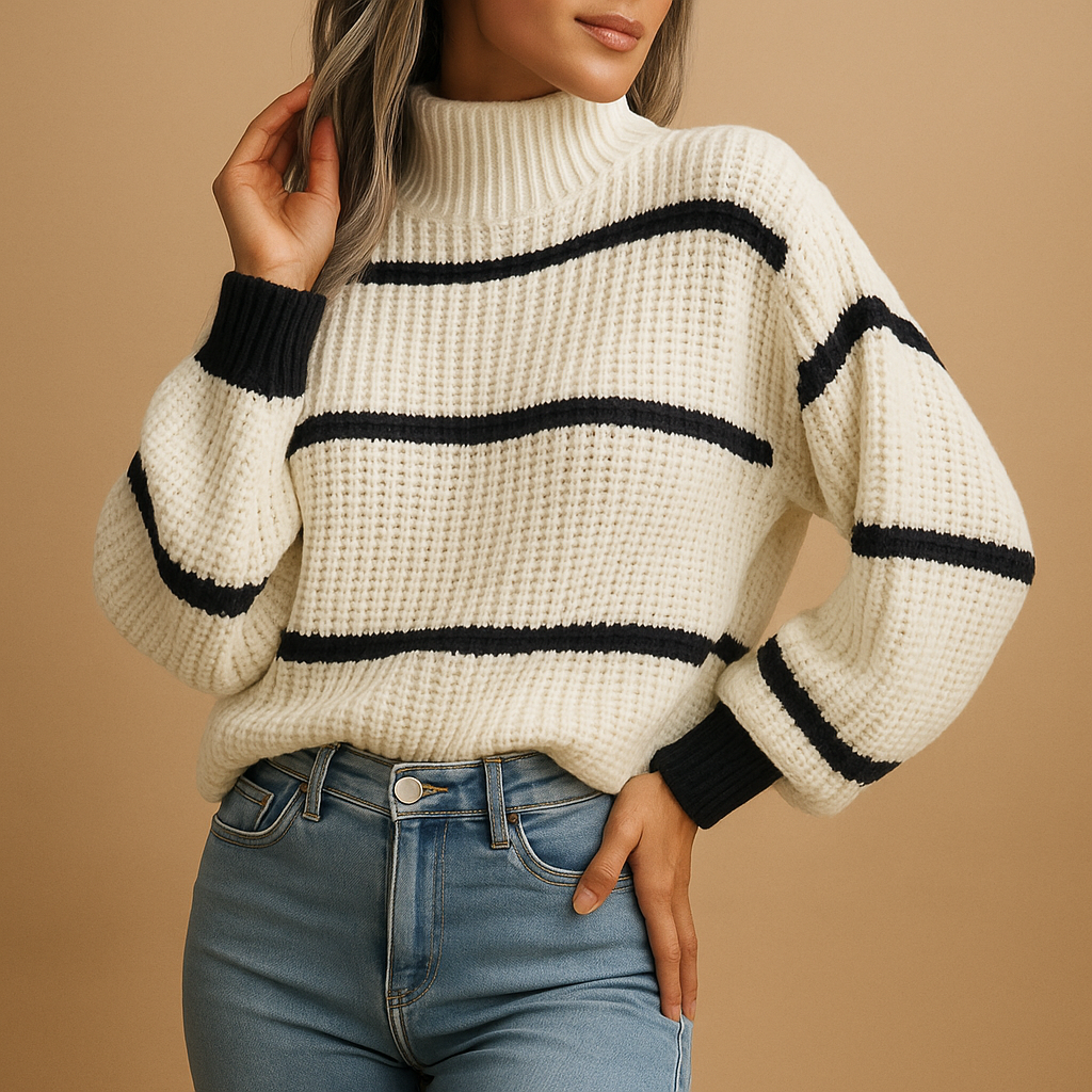 Women’s Striped High Neck Knit Sweater – Relaxed Fit for Cooler Days