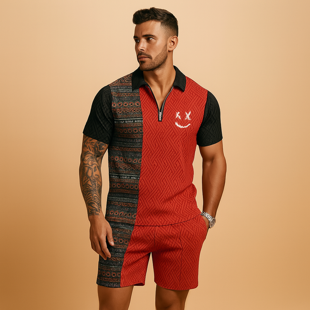 Men’s Vintage Print Polo and Shorts Summer Set – Casual Two-Piece Outfit