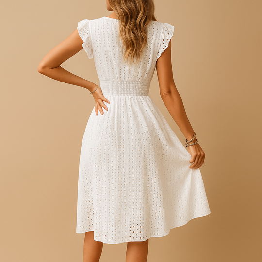 Women’s White Midi Summer Dress with Ruffle Detail – Lightweight & Feminine Style