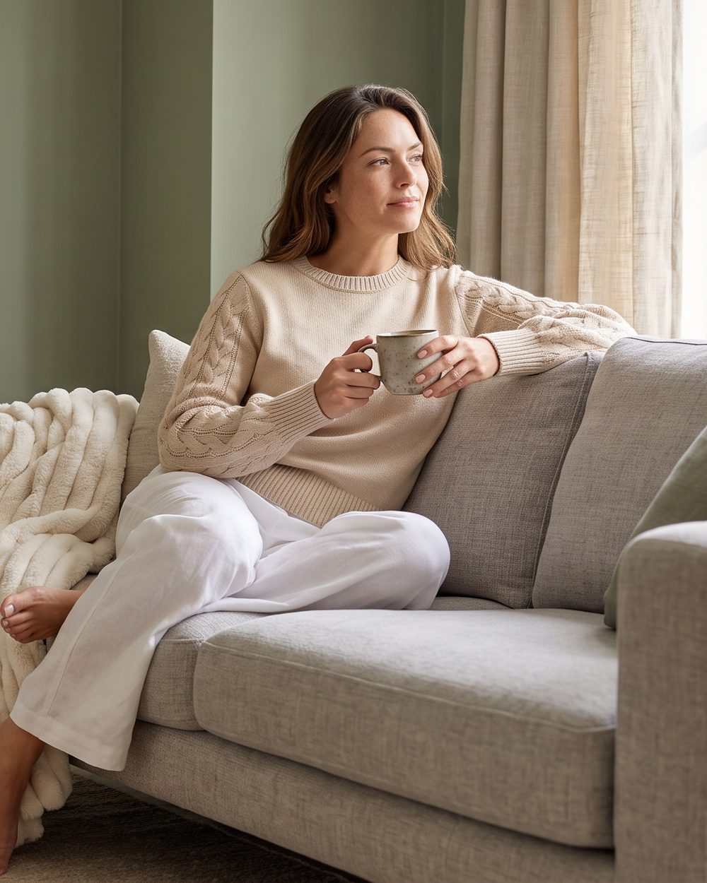 Woman relaxing on a sofa in a beige knit jumper with a cream throw rug