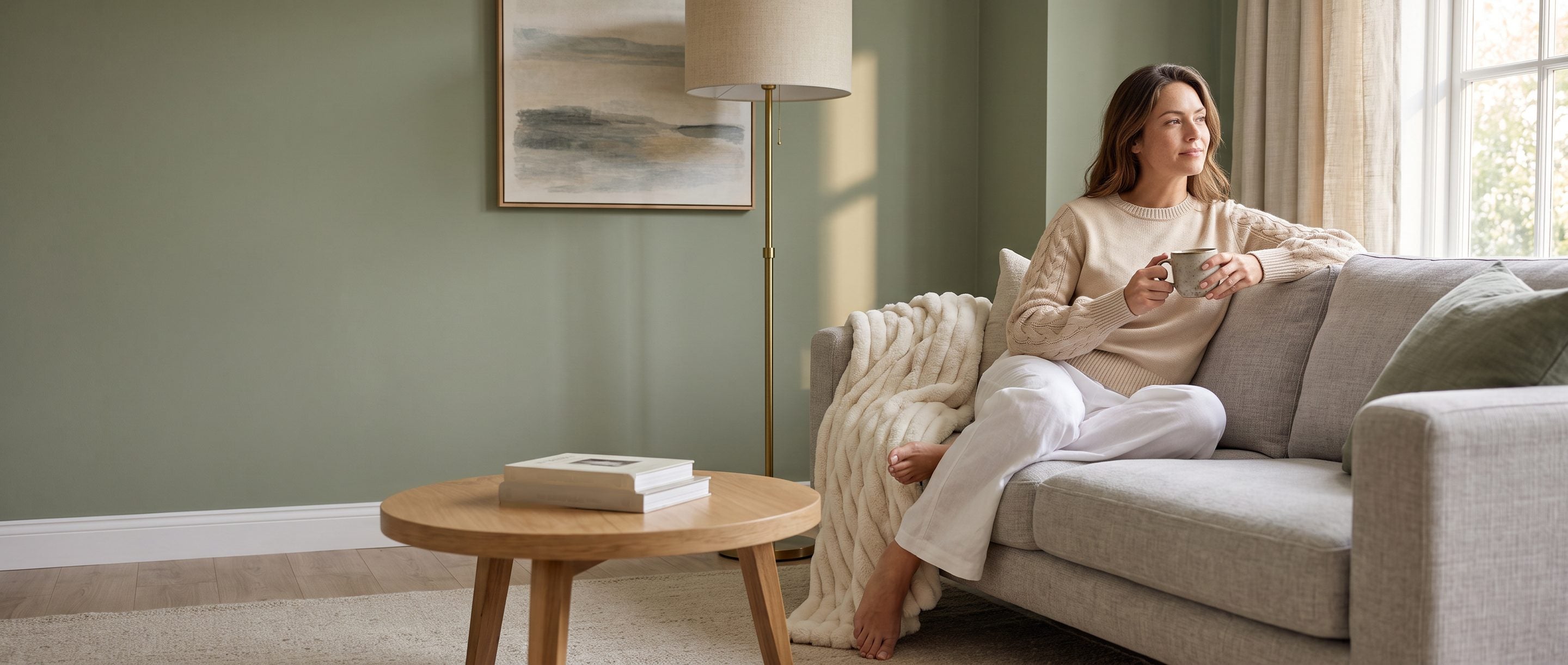 Woman relaxing on a sofa in a beige knit jumper with a cream throw rug
